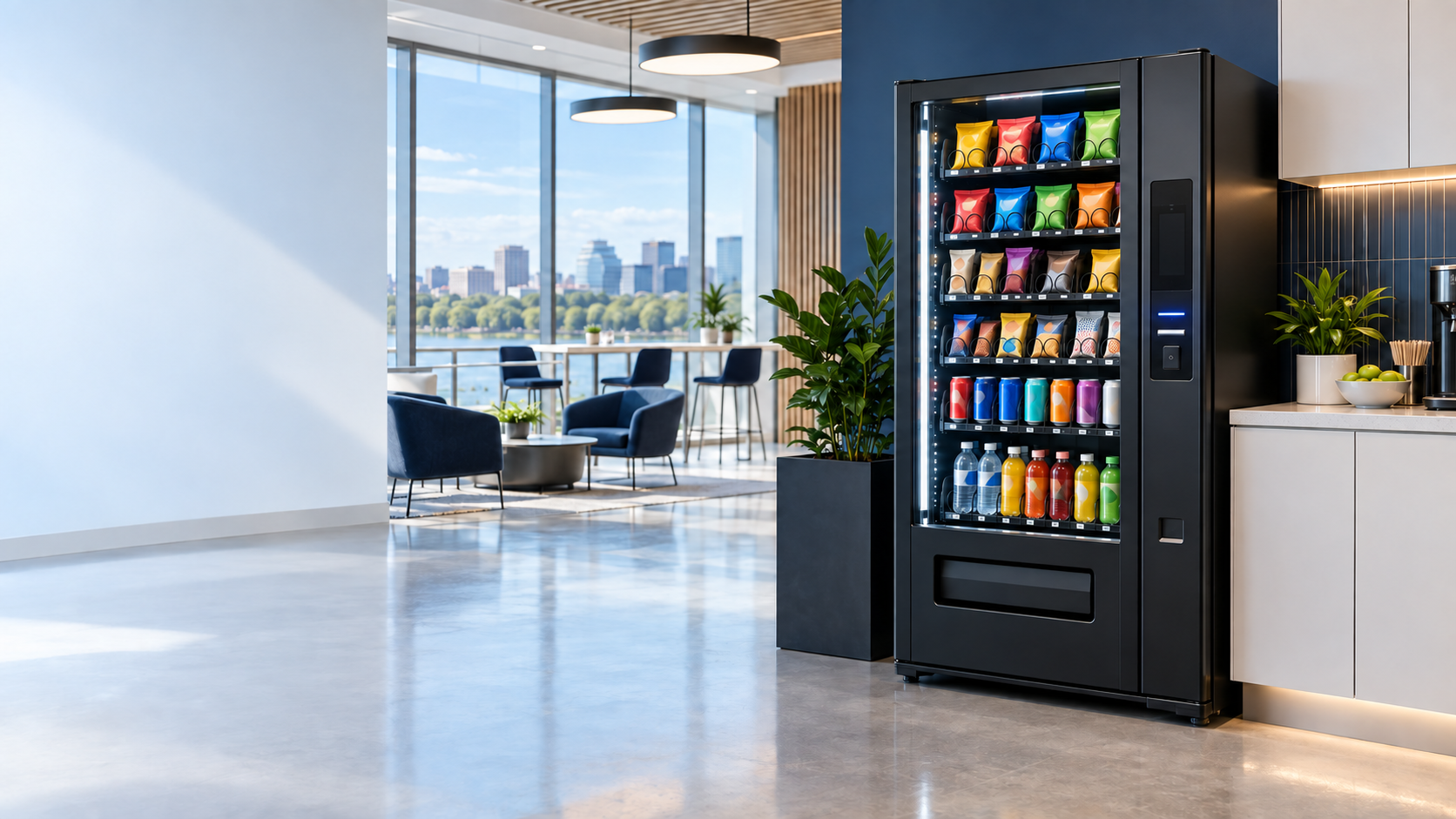 Modern snack and beverage vending machine in a bright workplace break area